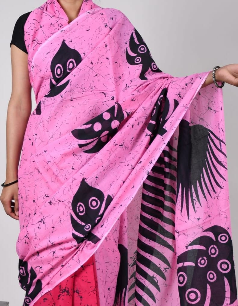 Pink and black batik print pure cotton saree.