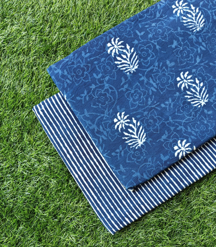 Indigo Floral Hand-Block Bagru Dabu Print Cotton (60×60) Cambric Suit Set – Top 2.50 MTR + Bottom 2.50 MTR