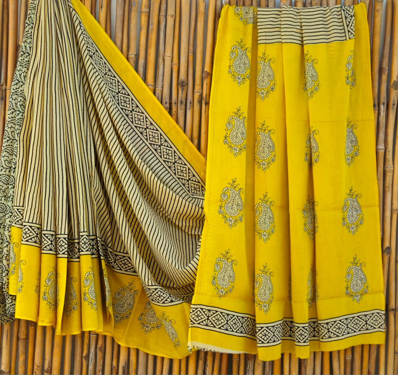 Mustard Yellow & Black Hand Block Printed 100% Pure Mulmul Cotton Saree (6.5 Mtrs, 92*80)