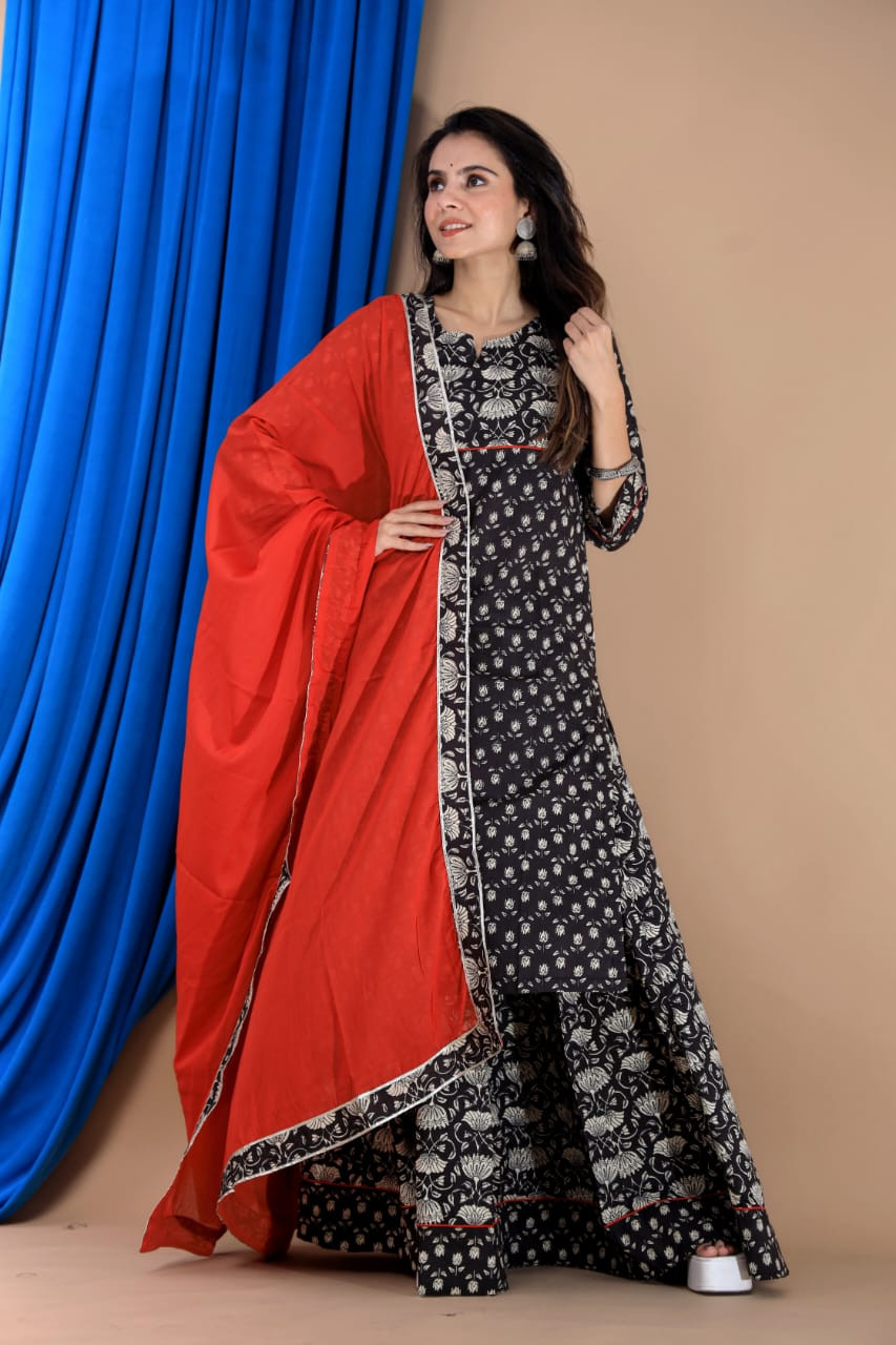 A black and red color combination Anarkali Kurta Set in