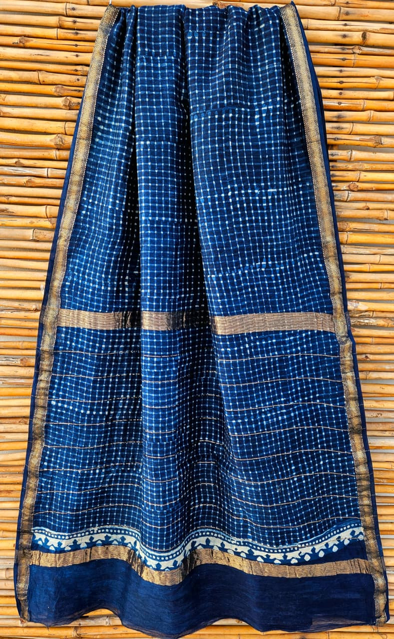 Indigo Blue & Off-White Hand Block Printed Maheshwari Silk Saree with Blouse
