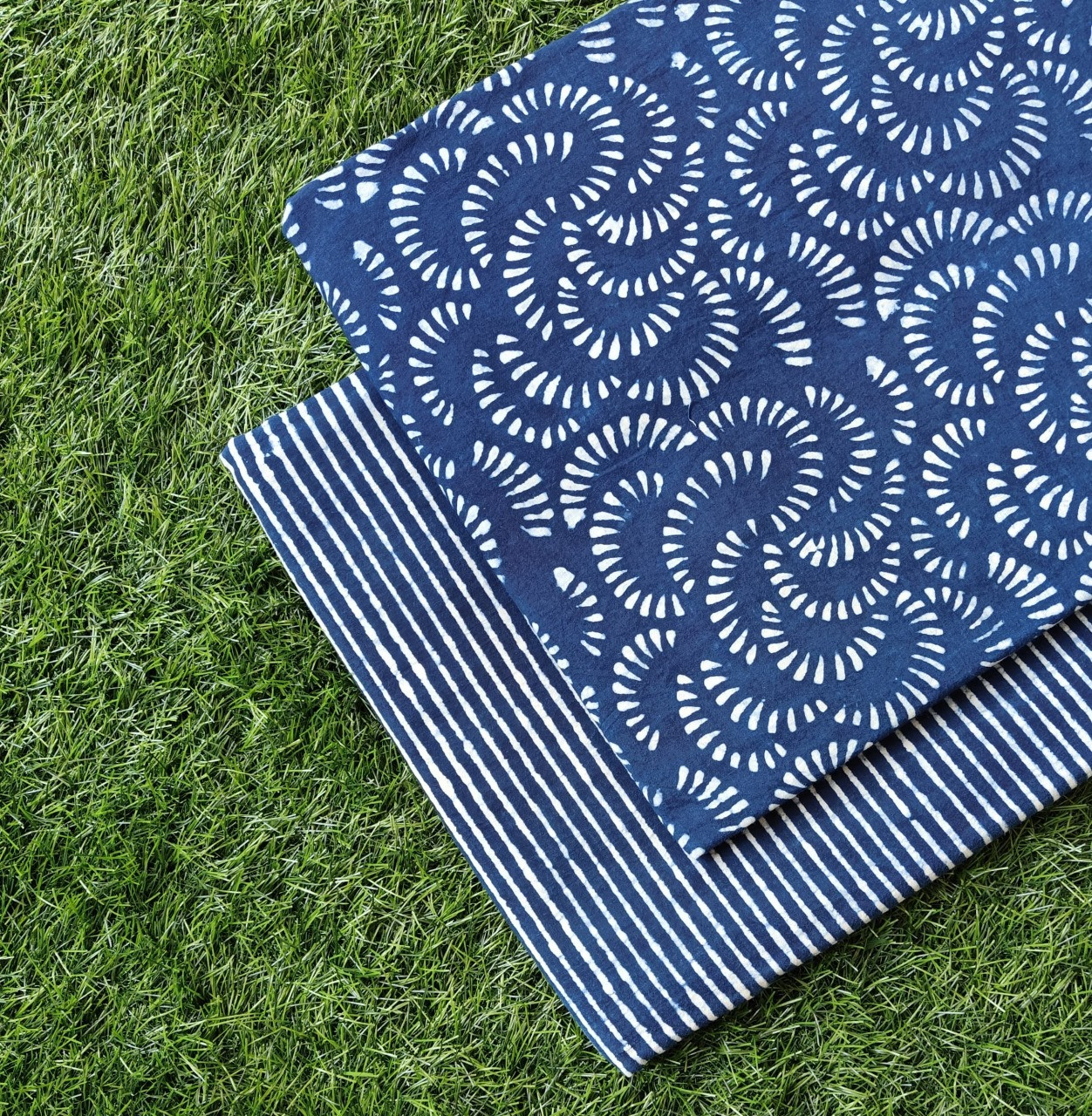 Indigo Blue Leaf & Stripe Dabu Bagru Hand Block Print Cotton (60/60) Cambric Unstitched Suit Material (Top 2.50 MTR + Bottom 2.50 MTR)