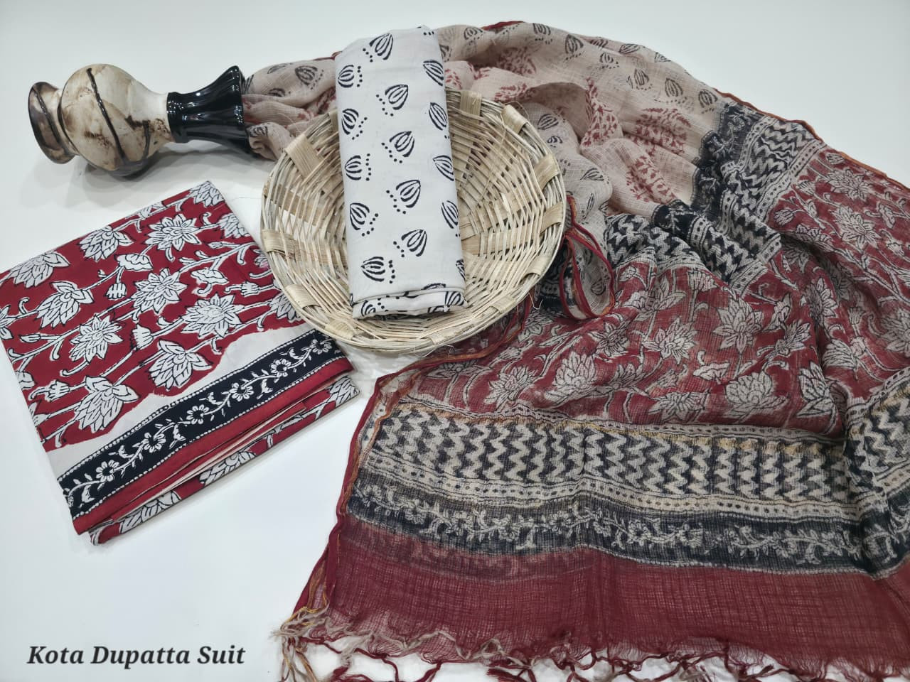 White, Red, and Black Hand Block Print Cotton Suit with Kota Doria Dupatta.