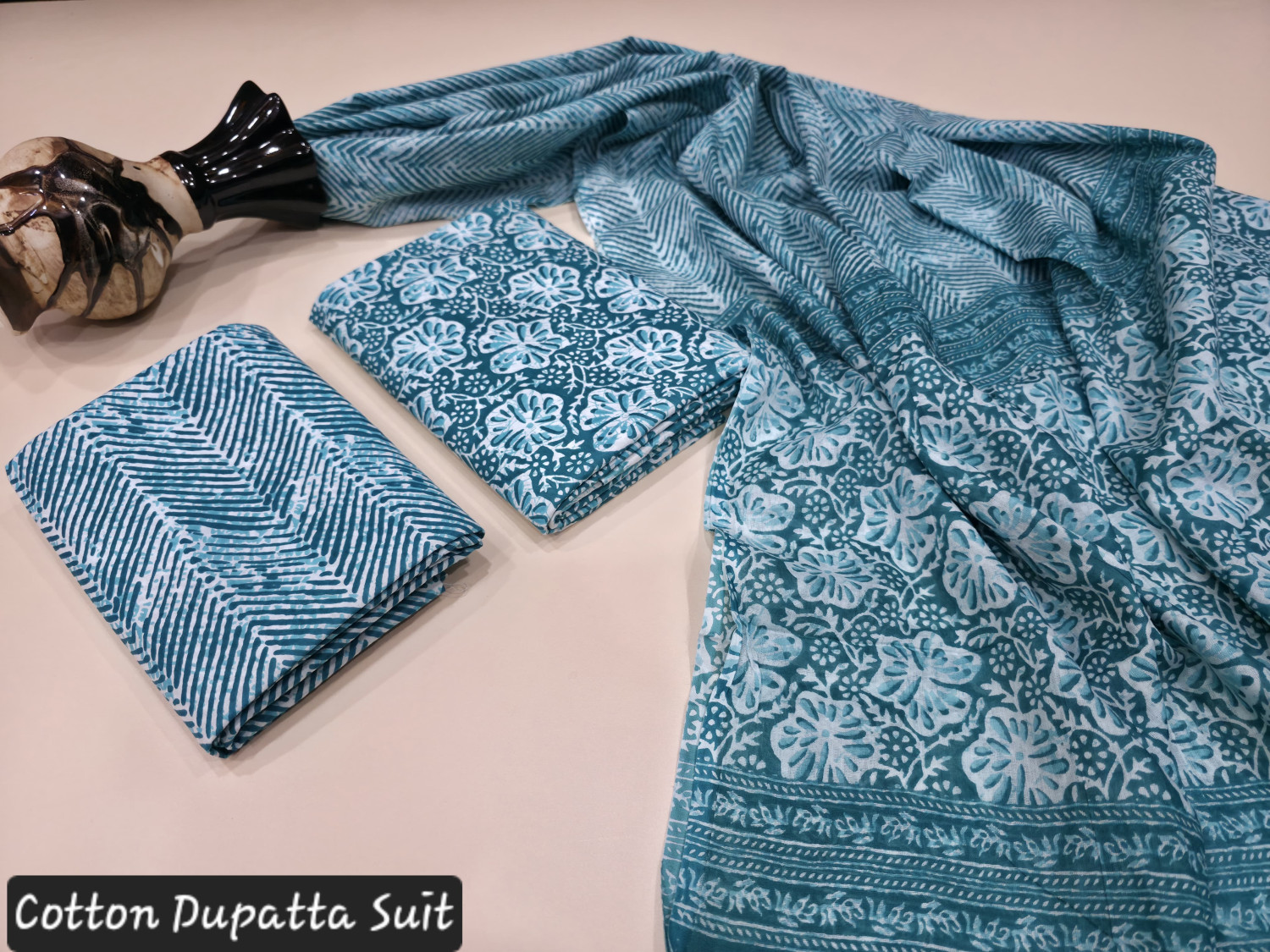 Teal Blue/Aqua and White Floral Hand Block Print cotton dupatta suit.