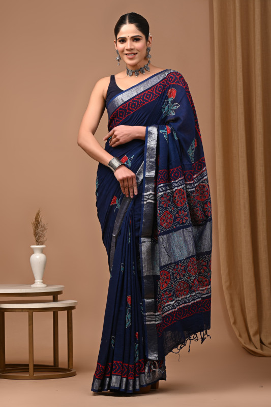 Dark blue rose flower hand block printed Saree