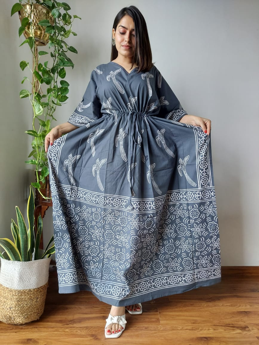Shuttle Grey Block Printed Long Kaftan for Women