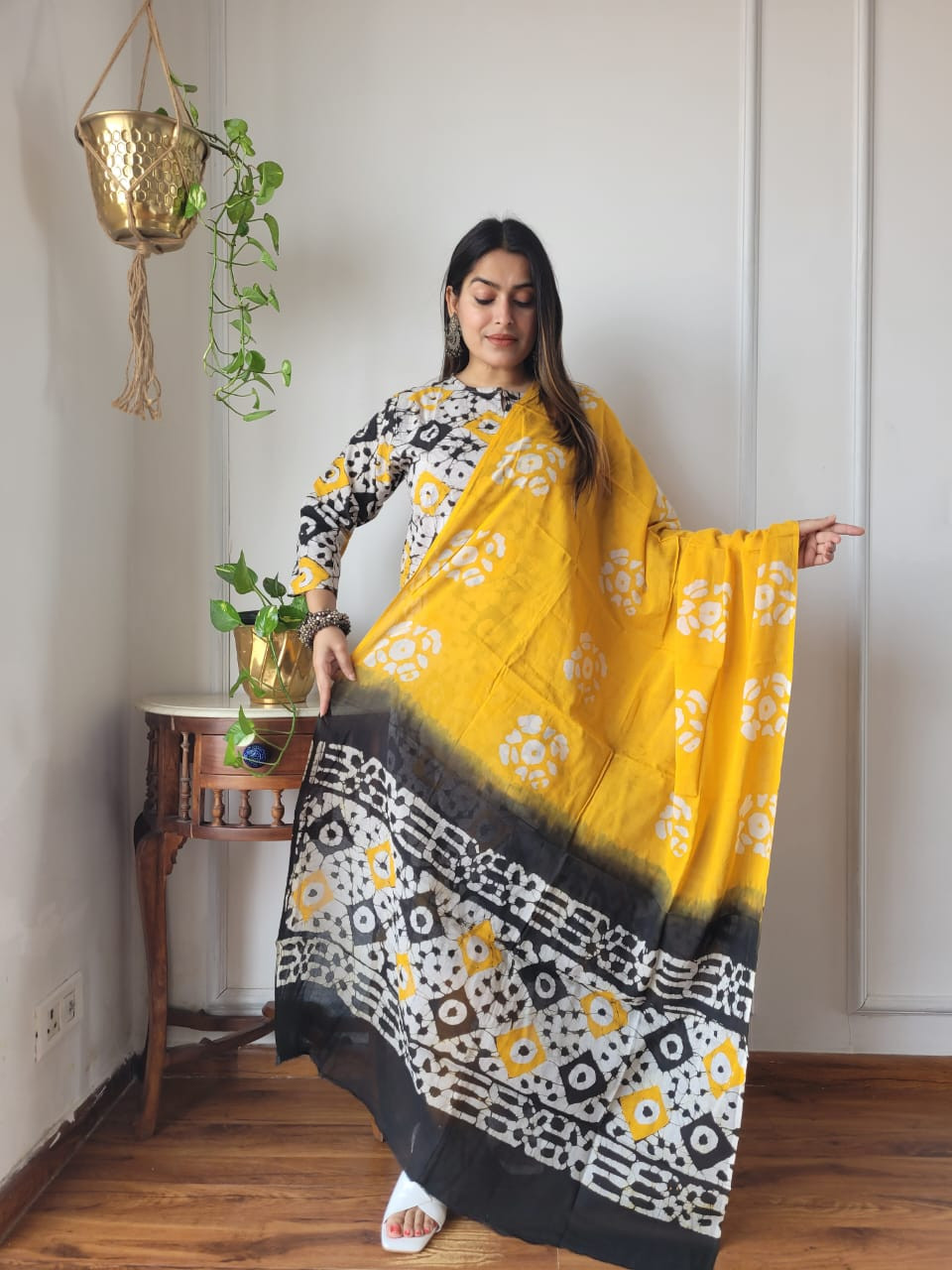 Mustard Yellow, Black & White Cotton Dabu Print Suit Set