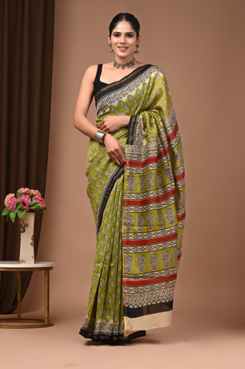 Olive Green Hand Block Printed Traditional Silk Saree with Blouse: Natural Dyes & Colors