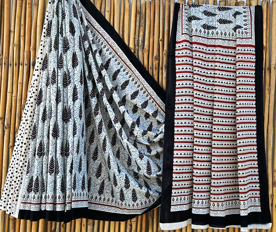 Elegant Black & White Hand-Block Printed Mulmul Cotton Saree with Blouse (6.5 Meters, 92*80, 100% Pure Cotton Fabric)