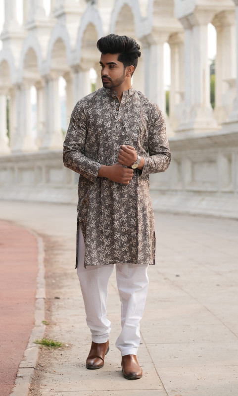 Brown/Taupe Floral Print Kurta with White Pyjama