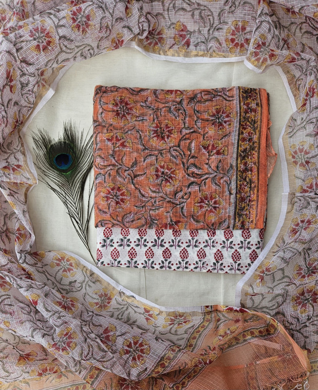 Orange Floral Handblock Printed Cotton Kota Doria  Suit 2.5m top & dupatta and 2.5m cotton cambric bottom