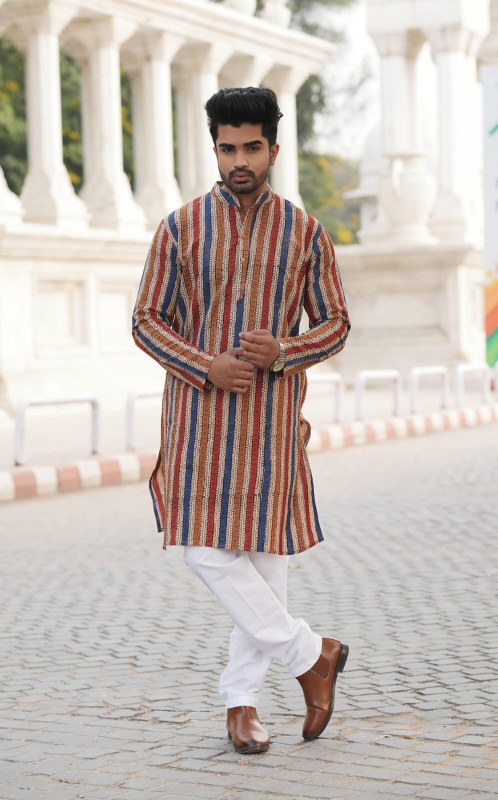 Multicolor Striped Kurta with White Pyjama