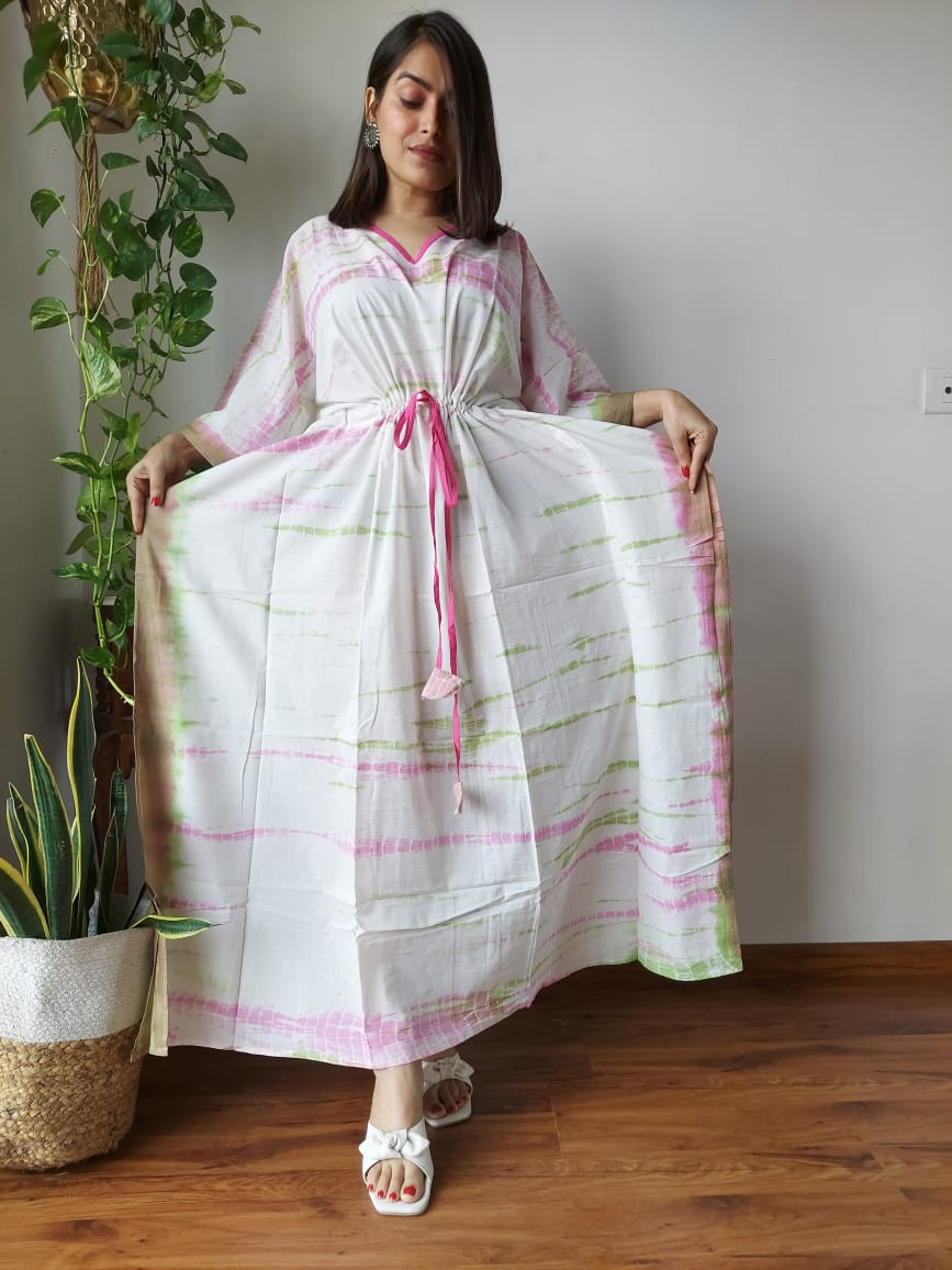 White Tie & Dye Printed Long Kaftan for Women