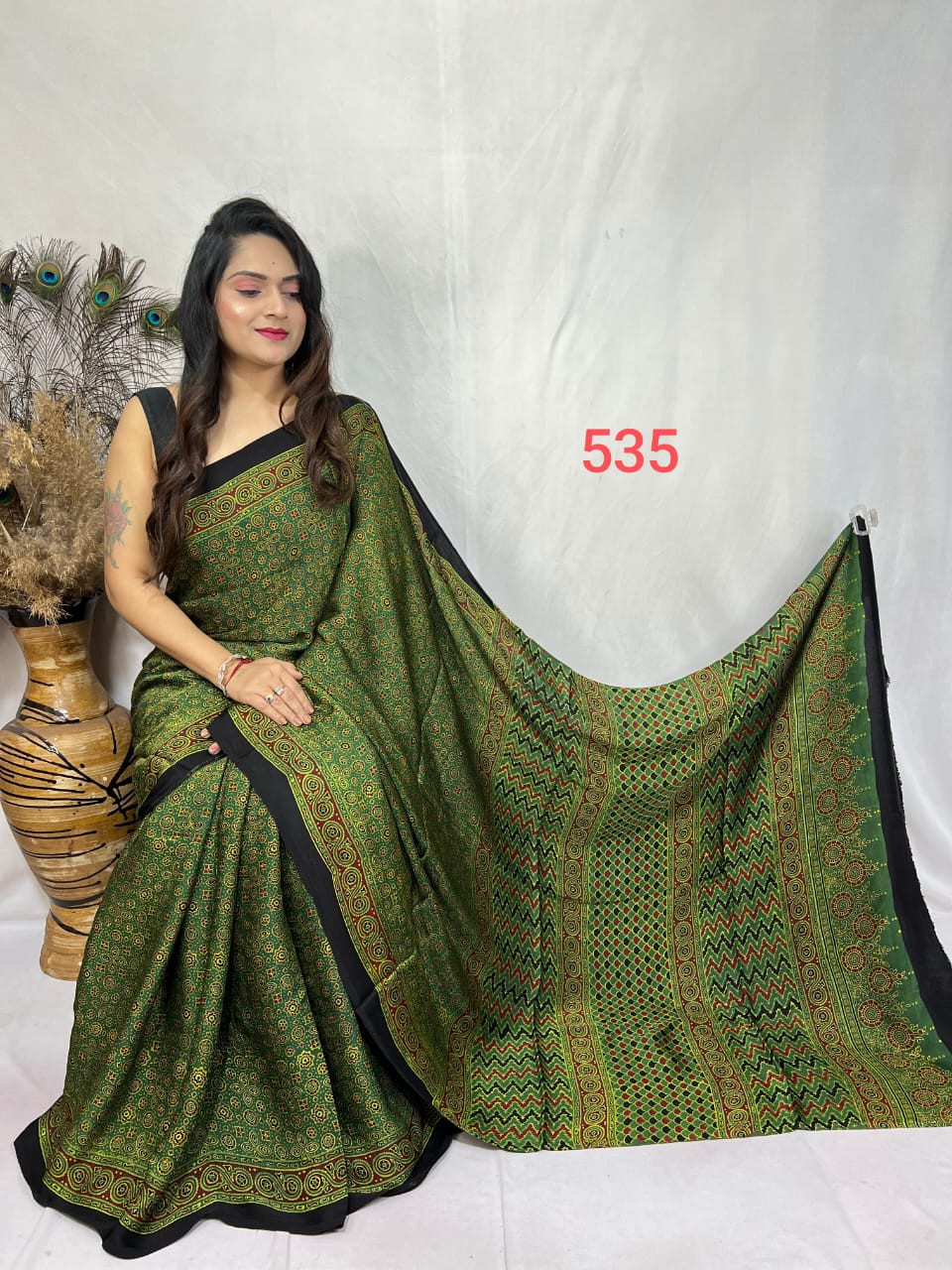 Green and Black Modal Silk Ajrakh Print Saree