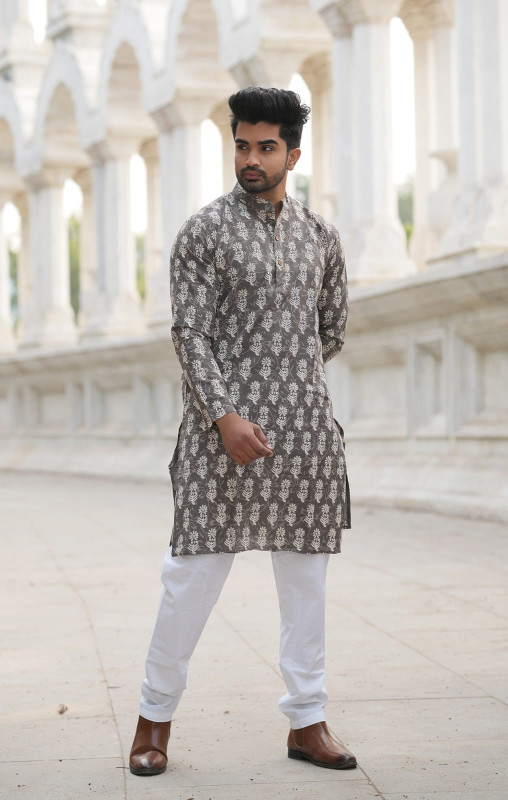Grey/Charcoal Printed Kurta with White Pyjama