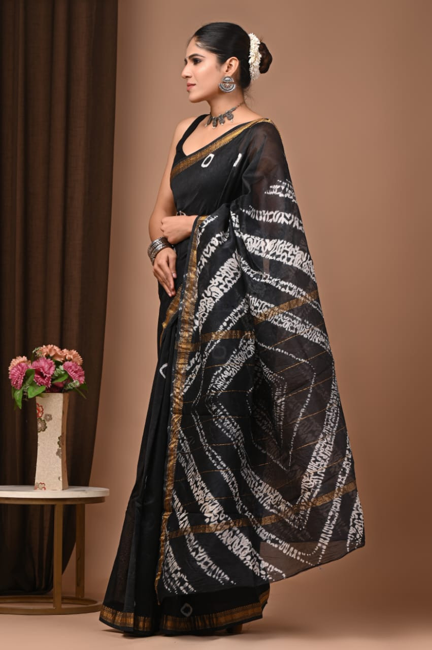 Black and White Hand Block Printed Maheshwari Silk Saree with Zari Border