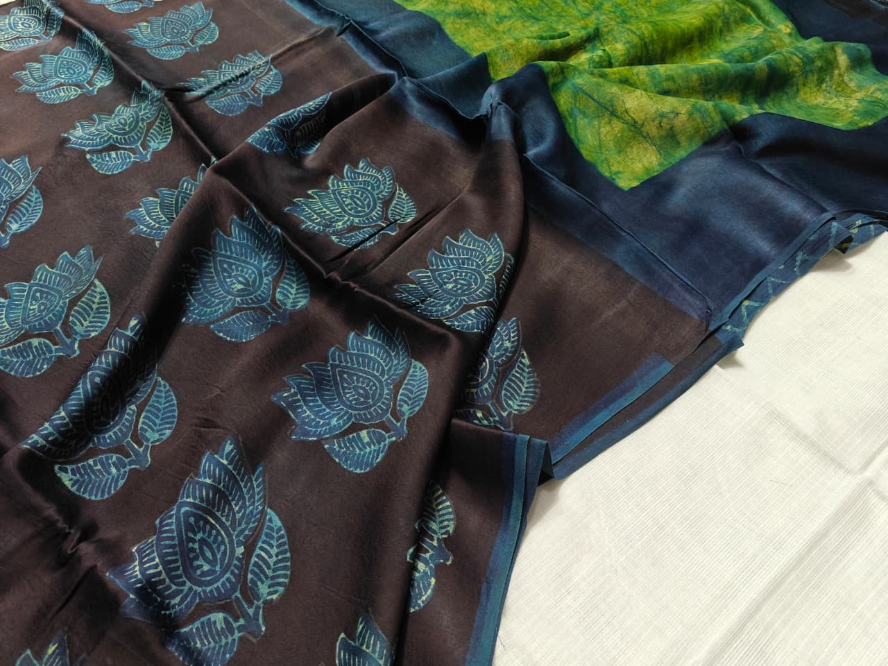 Blue Lotus hand block print  ajrk vanaspati Pure Modal Silk Saree