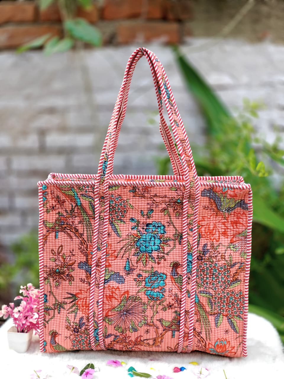 Peach Blossom Floral Cottan  Quilted Tote Bag