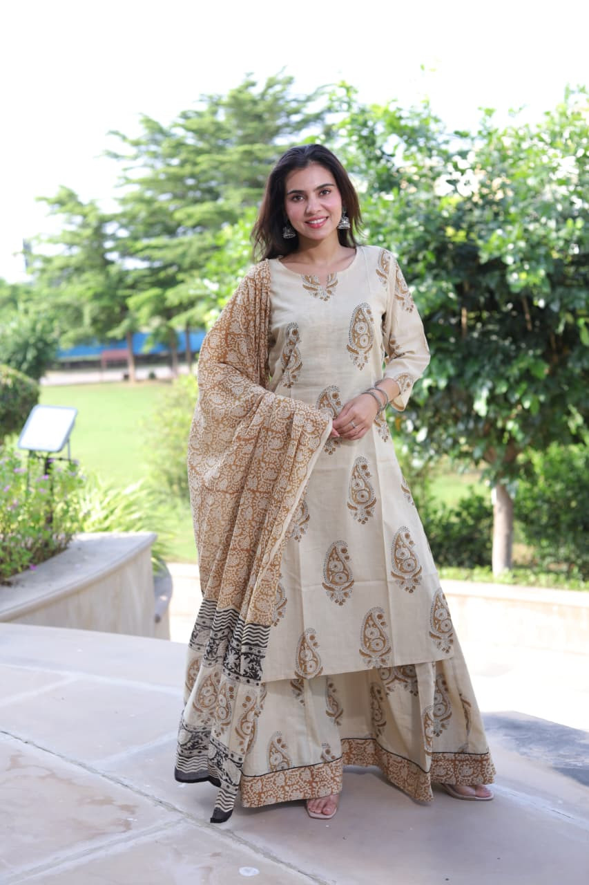 Beige Hand Block Printed Cotton Long Kurta & Skirt with Dupatta