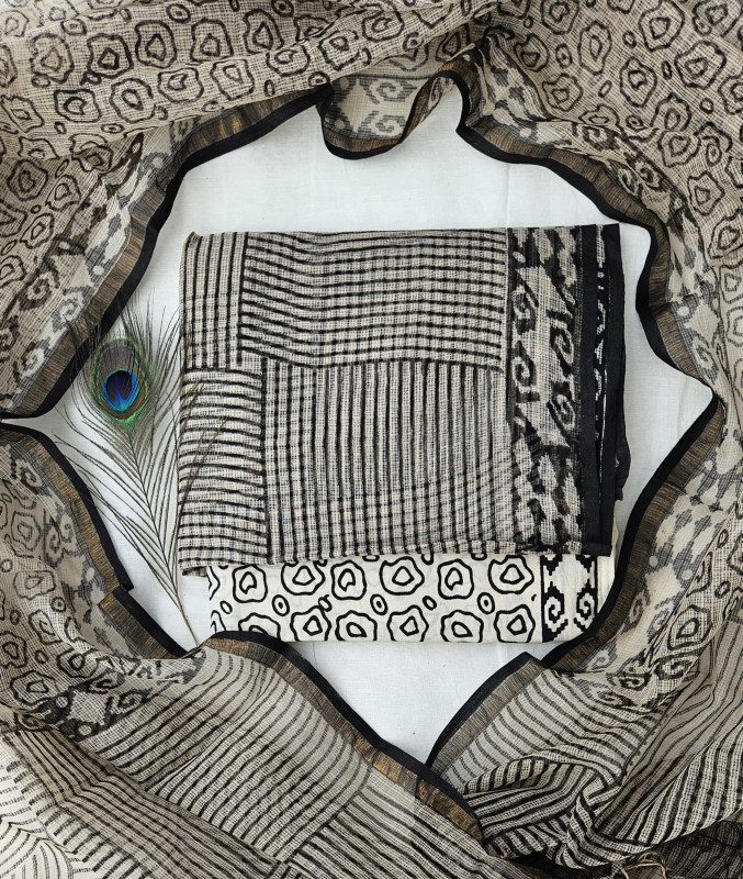 Black and Grey Geometric Handblock Printed Kota Doria  Suit Set 2.5m top & dupatta and 2.5m cotton cambric bottom