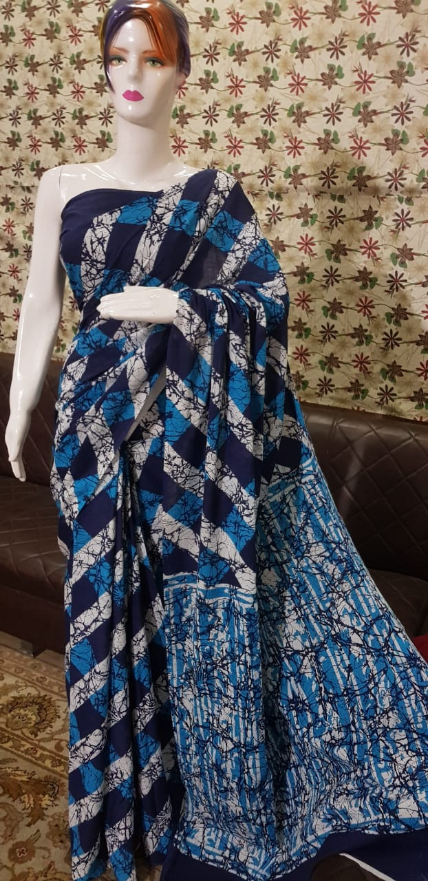 Name: Midnight Navy and Cerulean Blue Batik Cotton Saree with Geometric Diagonal Checks.