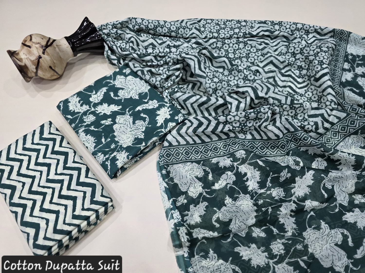 Forest Green and White Hand Block Printed Cotton Dupatta Suit.