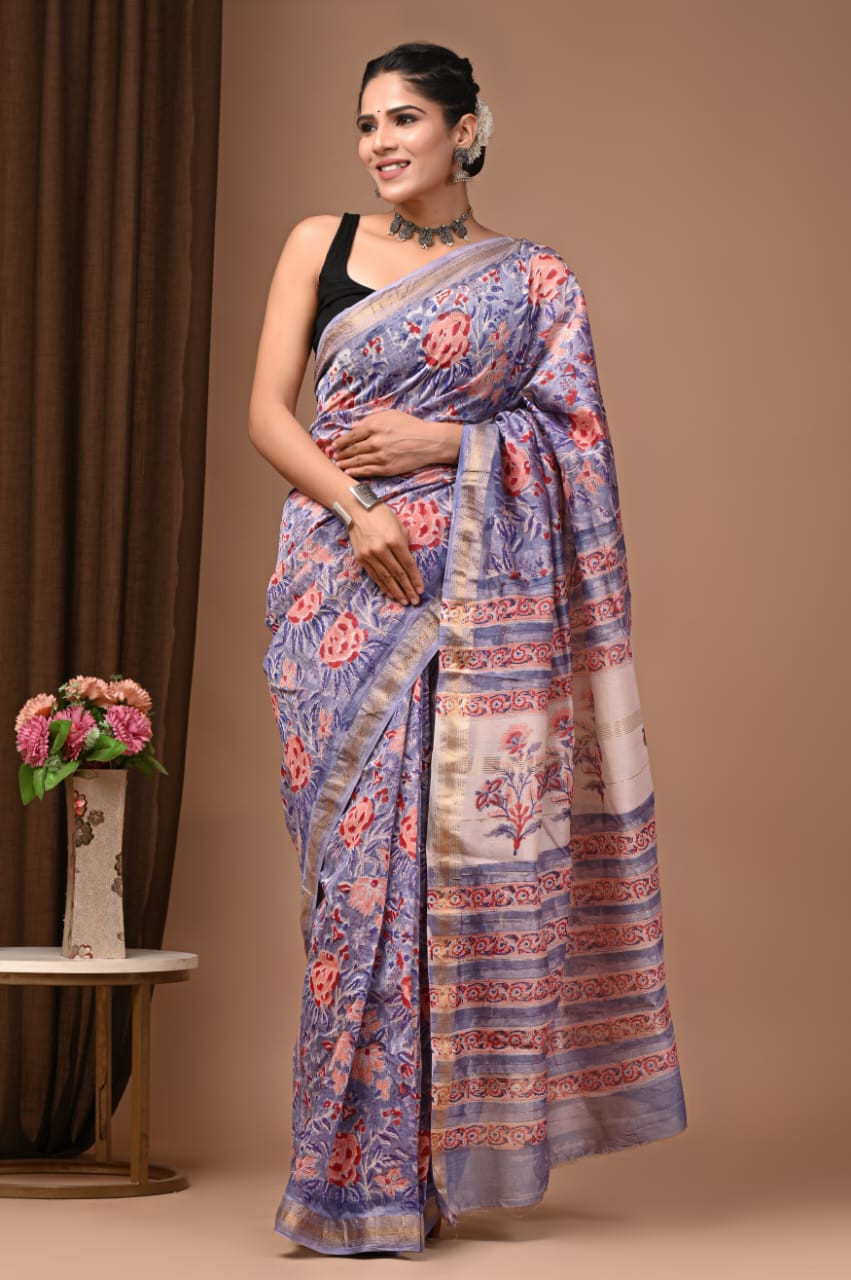 Lavender, Pink, and Gold Maheshwari Silk Hand Block Printed Saree