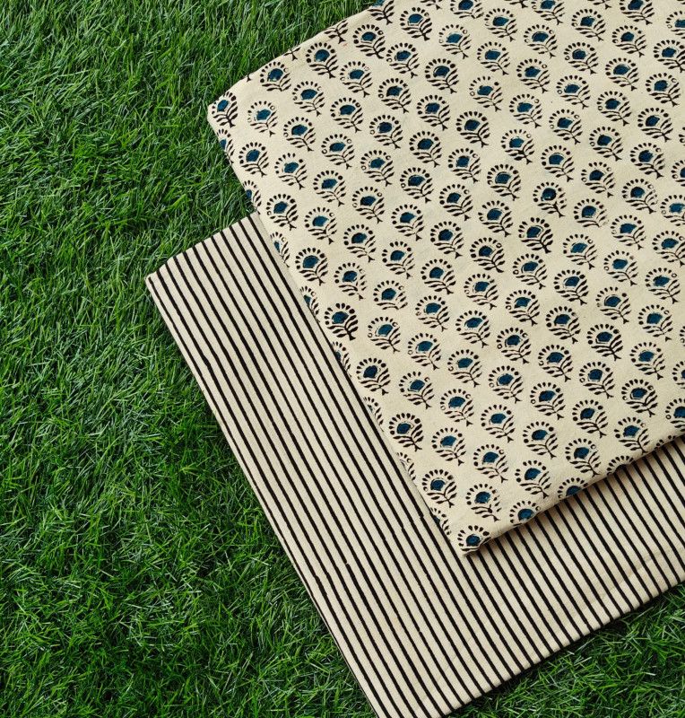 Indigo Blue & Black 'Floral Booti & Stripe' Hand-Block Bagru Print Cotton (60/60) Cambric Suit Set – Top 2.50 MTR + Bottom 2.50 MTR