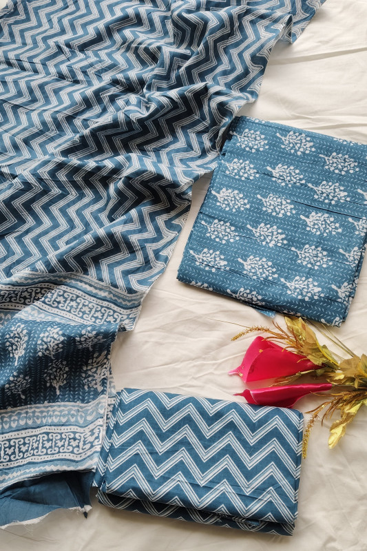 Blue Chevron & Floral Hand Block Print Cotton unstitched suit  Material for Women 2.5 Mtr top and 2.5 Mtr Bottom  and  2.5 Mtr Dupatta