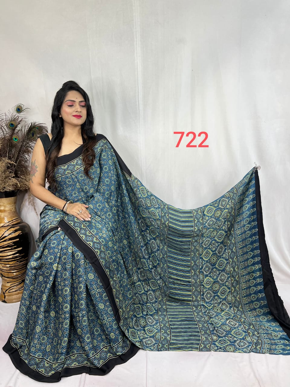 Blue and Green Modal Silk Ajrakh Print Saree