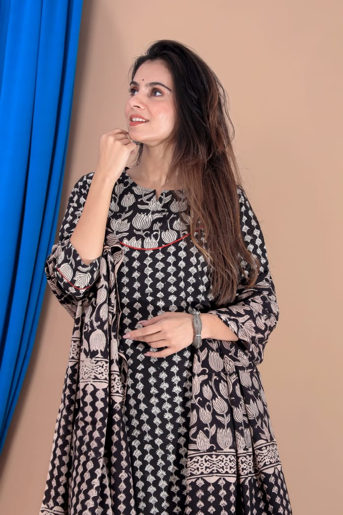 Black & White Hand Block Print Cotton Kurta & Sharara Set with Red Dupatta