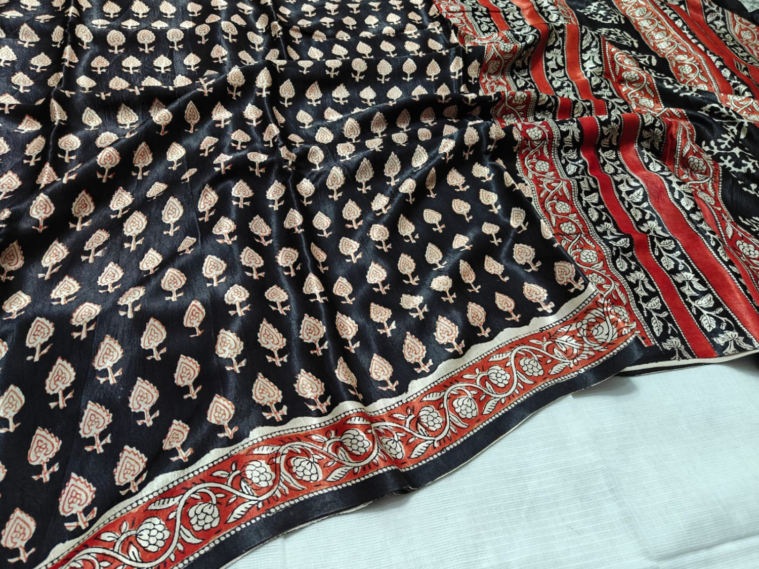 Black Butta hand block print  ajrk vanaspati pure modal silk saree with printed blouse