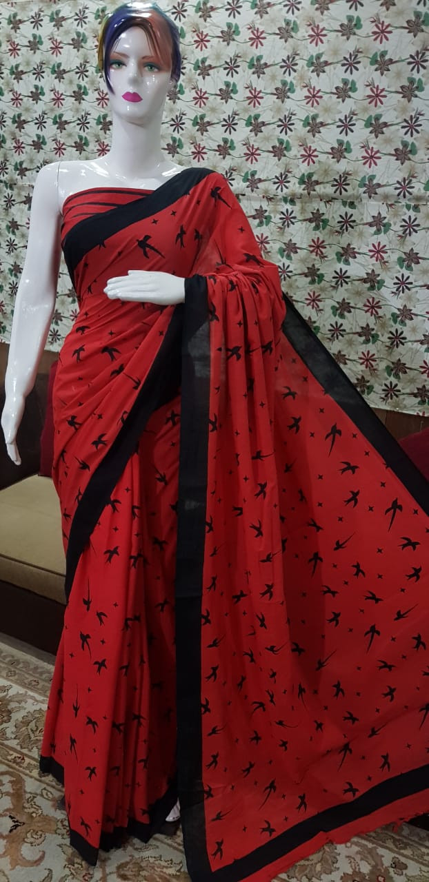 Crimson Red Cotton Saree with Black Bird Silhouette Print and Solid Black Border.