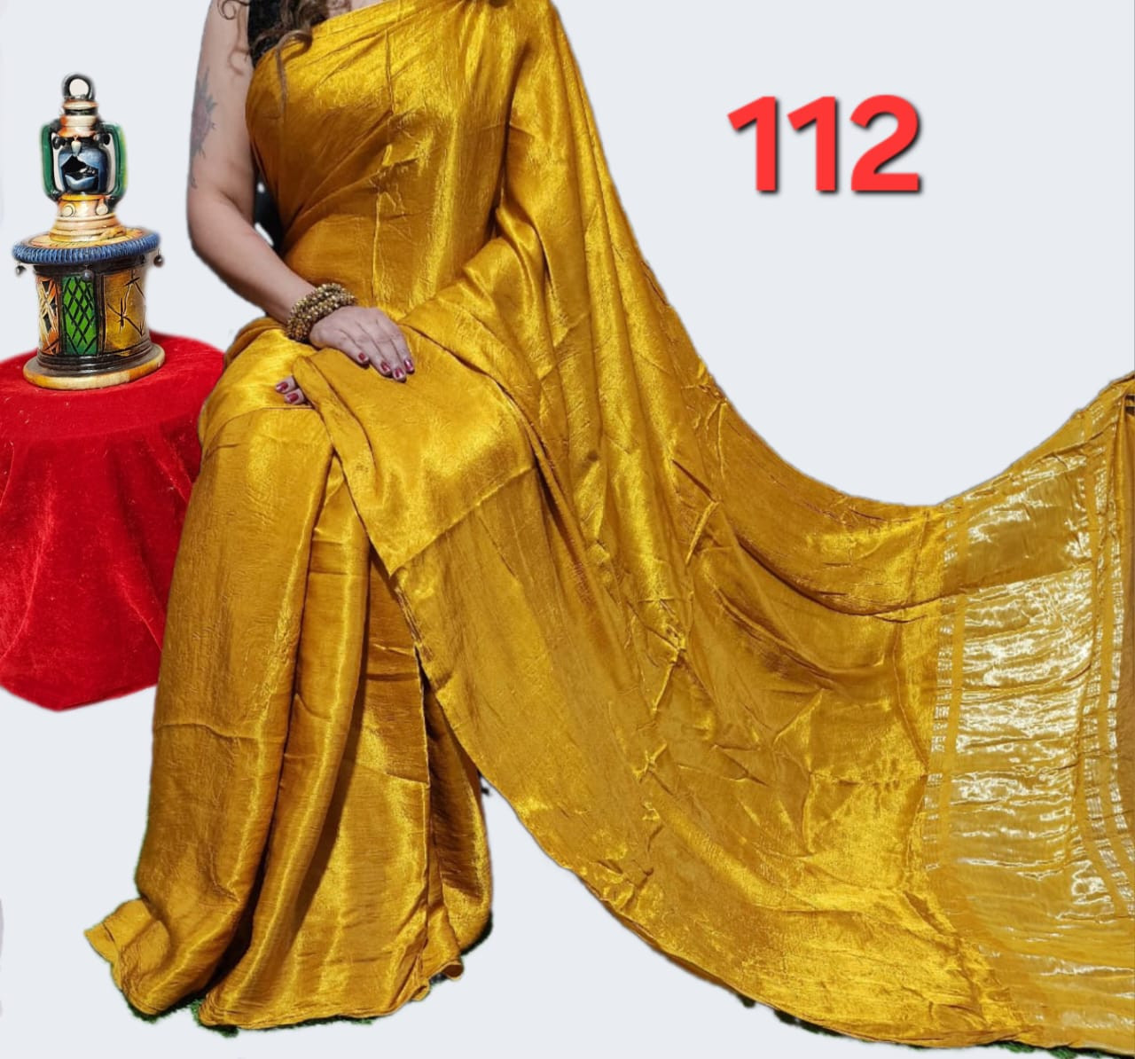 Mustard Yellow Metallic Micro-Pleated Crushed Modal Silk plain daying saree