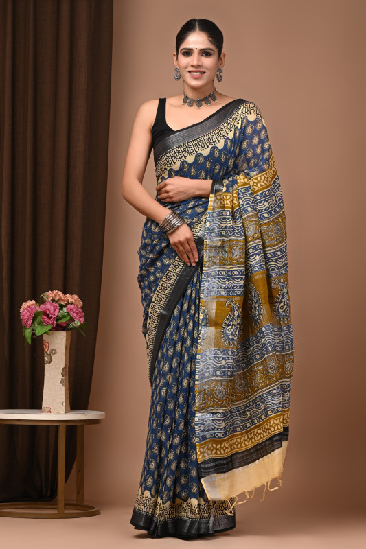 Dark blue  Soft Linen Saree with Mustard/Beige/Black Hand Block Print Paisley/Ikat Motifs and Black Border.