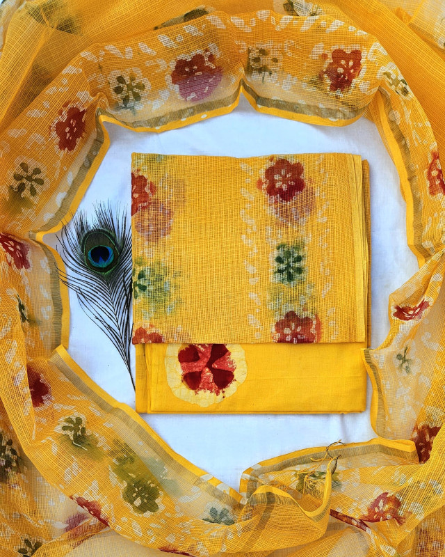 Yellow Floral  Printed Kota Doria suit 2.5m top & dupatta and 2.5m cotton cambric bottom