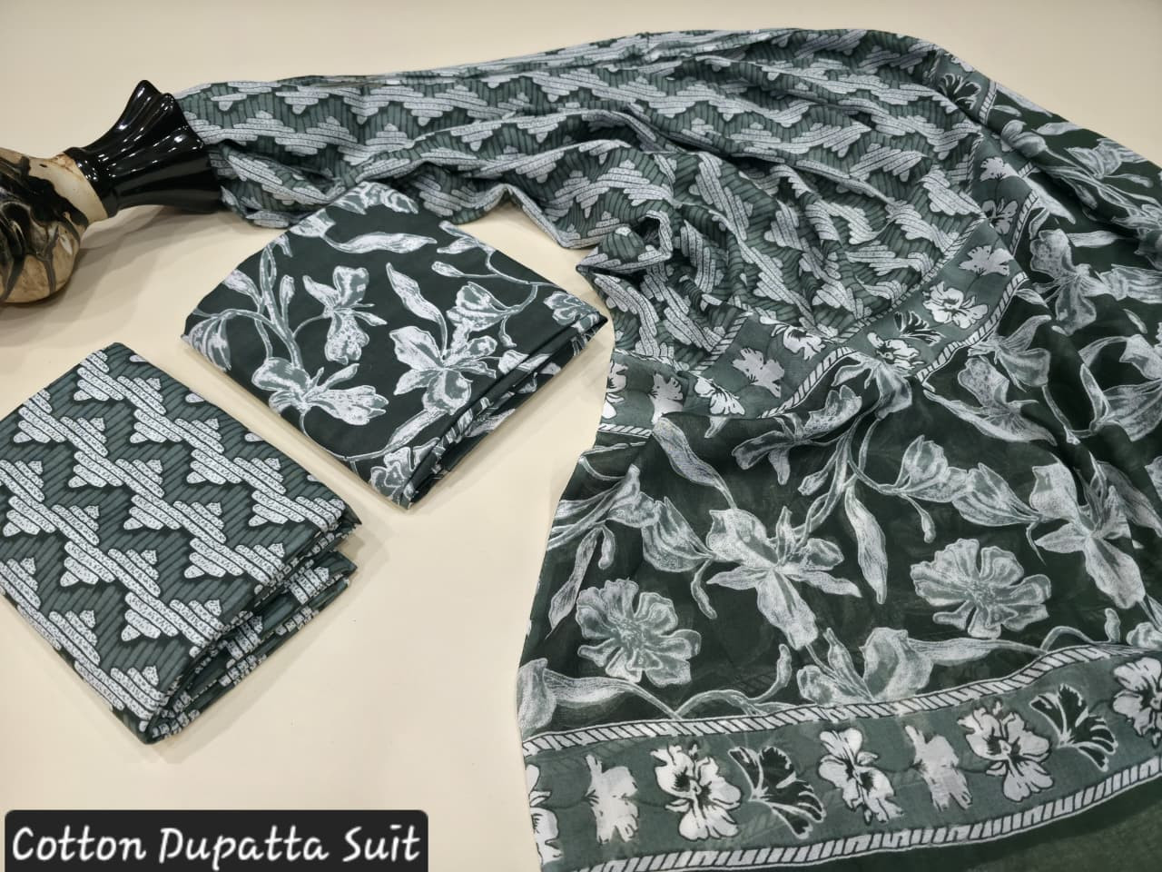 Teal Green and White Hand Block Printed Cotton Dupatta Suit.