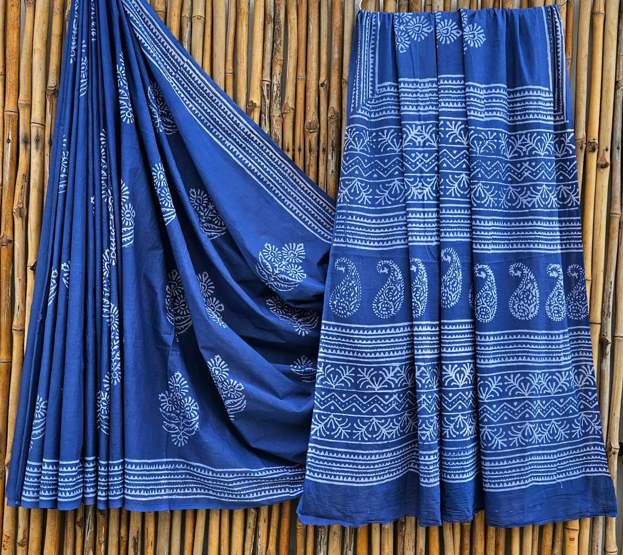 Indigo Blue & White Hand Block Printed 100% Pure Mulmul Cotton Saree (6.5 Mtrs, 92*80)