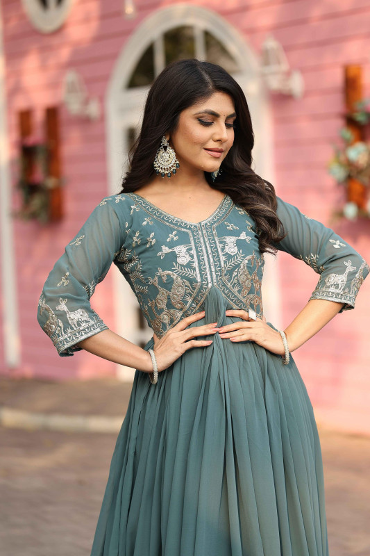 Teal Blue Faux Georgette Embroidered Anarkali Gown