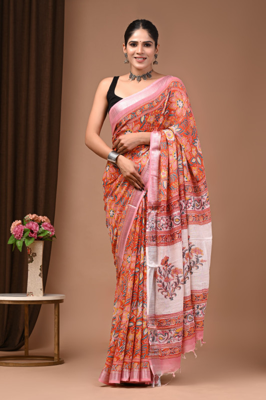 Vibrant Orange with Pink and Multicolor Detailing Floral Handblock Printed Orange Linen Saree