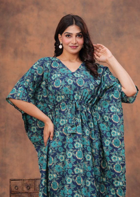Navy Blue Floral Print Cotton Kaftan