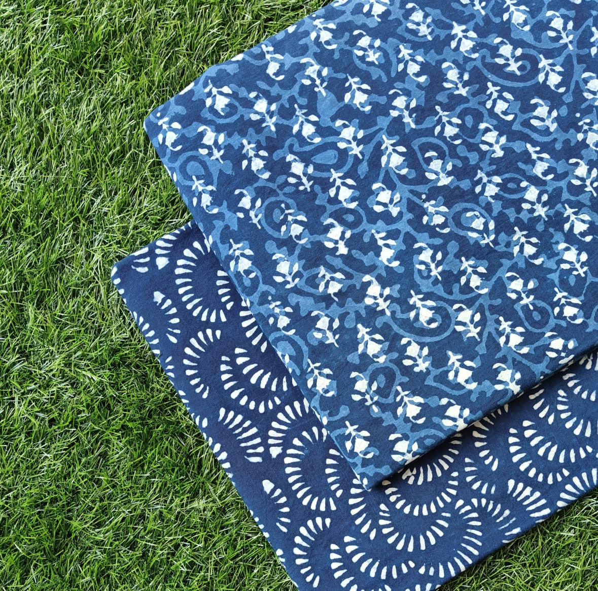 Indigo Blue Leaf & Stripe Dabu Bagru Hand Block Print Cotton (60/60) Cambric Unstitched Suit Material (Top 2.50 MTR + Bottom 2.50 MTR)