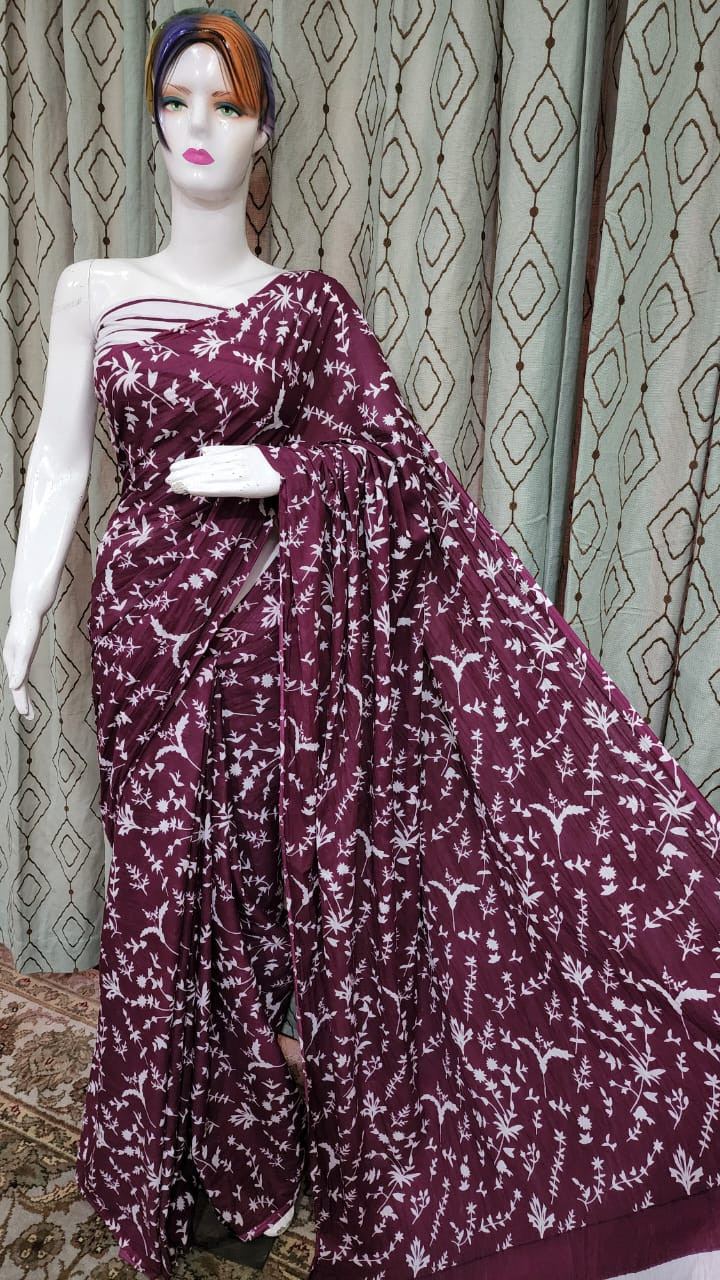 Deep Plum Cotton Saree with All-Over White Botanical Vine Prints.