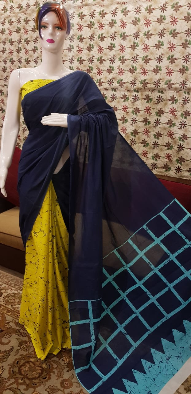 Contemporary Navy Blue and Lime Yellow Batik Print Cotton Saree with Geometric Borders.