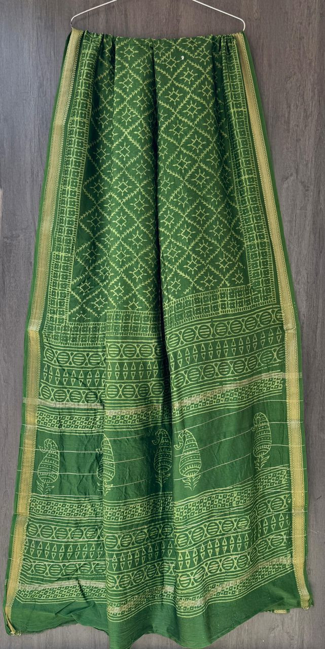 Green Maheshwari silk cotton blend hand block print saree