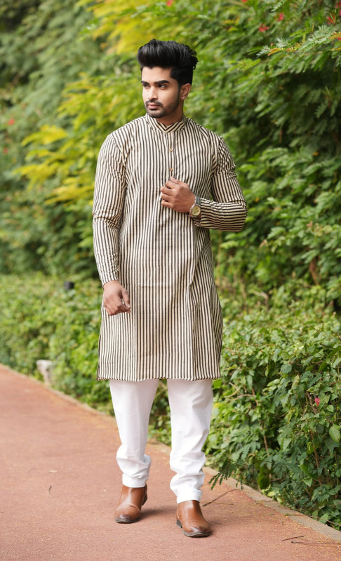 Black and Off-White Striped Kurta with White Pyjama Set