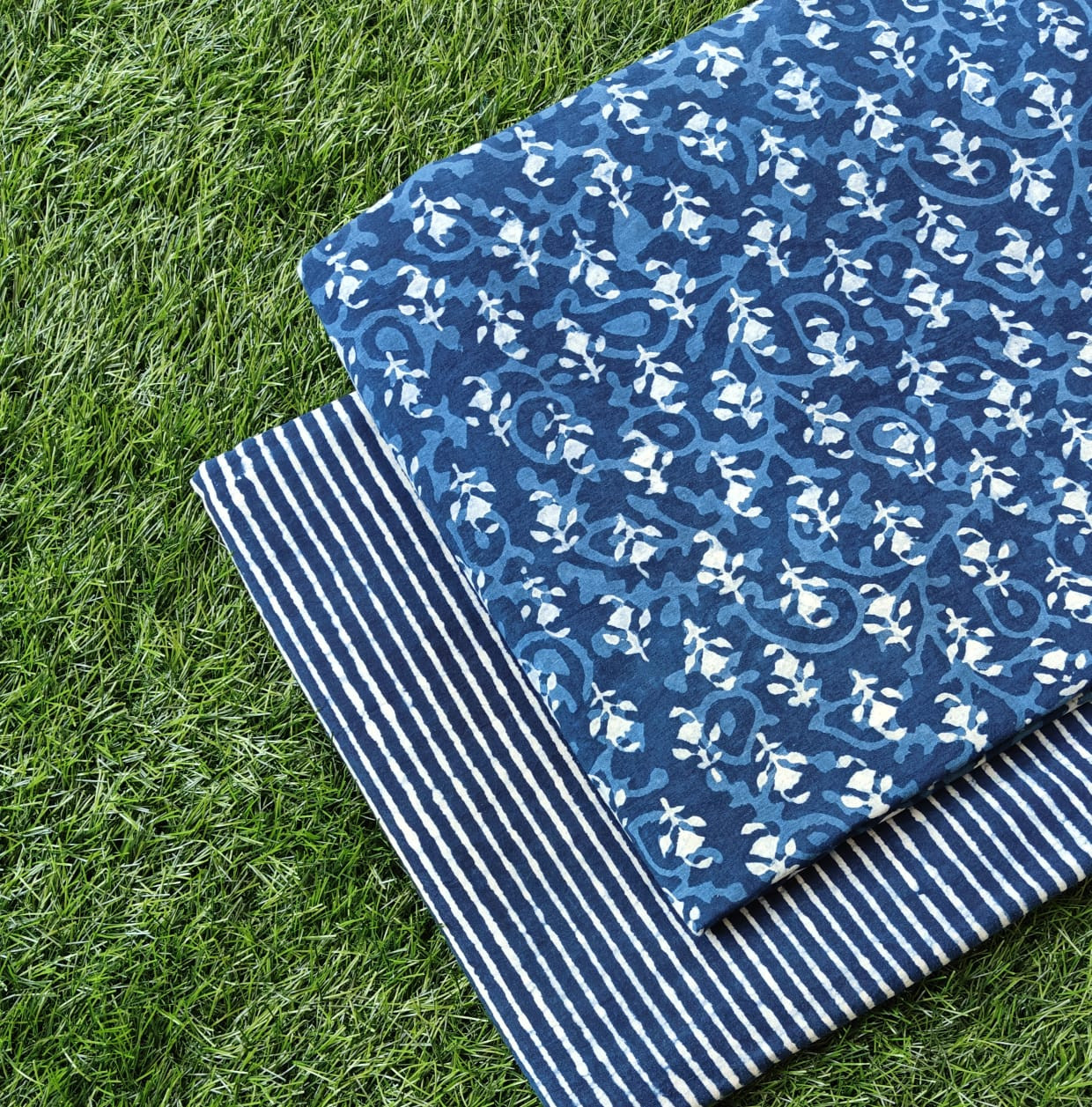 Indigo Blue Leaf & Stripe Dabu Bagru Hand Block Print Cotton (60/60) Cambric Unstitched Suit Material (Top 2.50 MTR + Bottom 2.50 MTR)