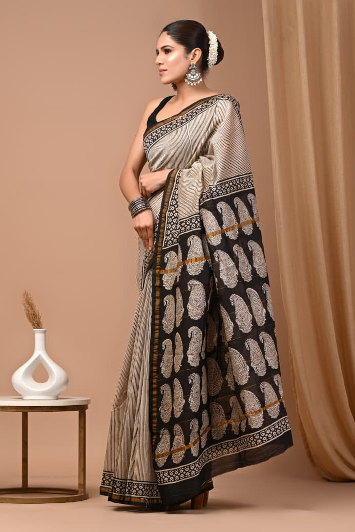 Ivory Noir Paisley Printed Pure Silk Saree with Black Blouse