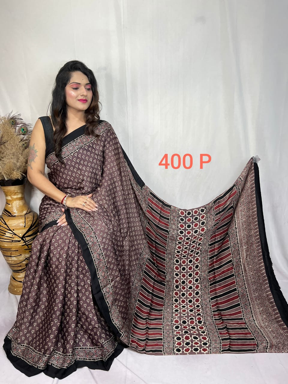 Brown, Red, and Black Ajrakh Hand Block Printed Modal Silk Saree