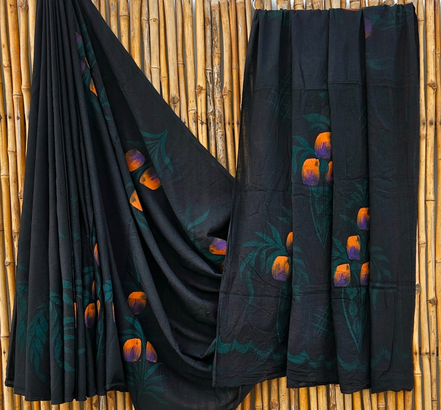 Luxurious Black Kalamkari Hand-Block Printed Mulmul Cotton Saree with Blouse (6.5 Meters, 92*80, 100% Pure Cotton Fabric)